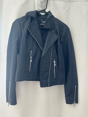Express Navy Faux Leather Moto Jacket with Silver Hardware